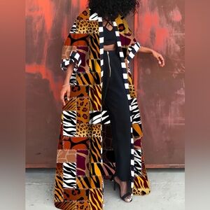 Tribal Print Open Front Long Sleeve Top - Mandarin Neck, Non-Stretch Polyester